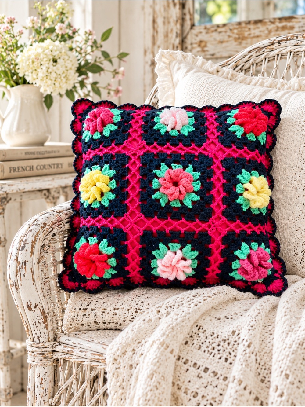 Vintage Crochet Pillow 15x15 3D Floral Granny Square Black Hot Pink Red
